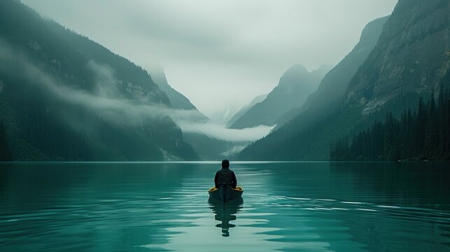 a man sitting on a boat in the middle of a lake on a foggy day with mountains in the background.