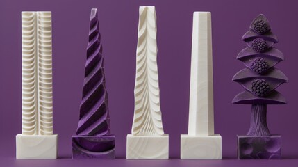 a group of tall white vases sitting next to each other on top of a purple tablecloth covered floor.