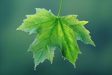 Fototapeta premium A Dew-Kissed Green Leaf on Early Morning Earth Day A Symbol of Renewal and Growth