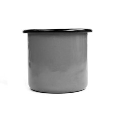 Gray enamel cup on white background isolation.