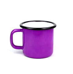 Pink enamel cup on white background isolation.