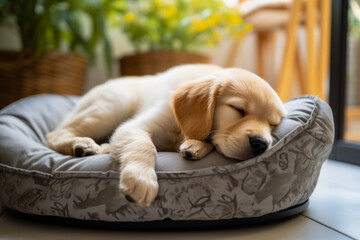Cute small golden retriever puppy dog resting on pet bed at home