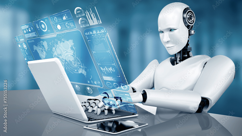 Poster xai 3d illustration robot hominoid use laptop and sit at table for big data analytic using ai thinki