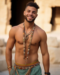 portrait of a handsome arab young shirtless man near ancient ruins, big long necklaces, smiling, playful smile, bearded, self confident professional attractive model bare chest