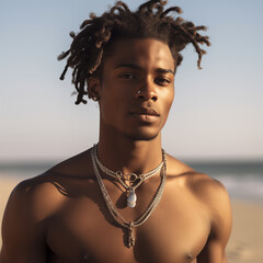 portrait of a handsome black young man, shirtless on the beach, beautiful jewels, necklaces, sea, sand and sky in background, serene chilled calm relaxed face and attitude, self confident model