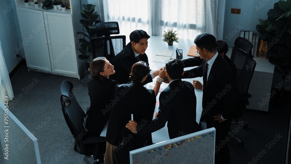 Poster top view of professional project manager present idea while putting hands together and clapping hand