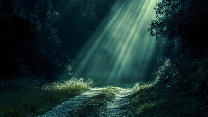 Mystical Sunbeams Creeping Through a Forest Path at Dawn - obrazy, fototapety, plakaty