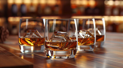 Crystal glasses with amber whiskey, ruby wine, and pale champagne rest on a dimly lit bar table next to a flickering candle