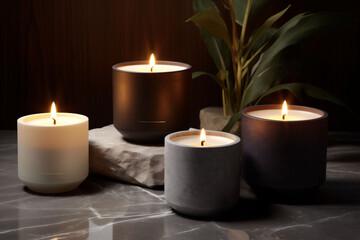 Obraz na płótnie Canvas Three scented candles in neutral tones emit a warm glow, set against a dark, textured background, greenery, inviting a cozy, peaceful ambiance, spa day or minimalistic home decors.