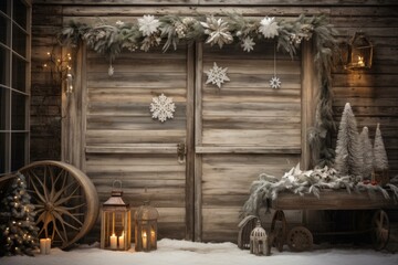 Fototapeta na wymiar Festive Rustic christmas wood background. Card winter. Generate Ai