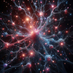 Intricate neural network glowing synapses and neurons. Abstract representation of brain functions like thinking or memory. Dark background with bright blue and red lights illuminating connections