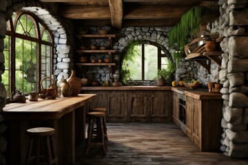 Fototapeta premium Vintage Rustic kitchen. Cottage wood house. Generate Ai