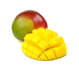 Ripe mango isolated. Organic mango and slices isolated on white background. Taste mango.