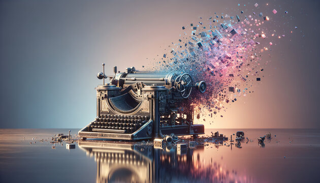 Antique teleprinter gracefully disintegrating into digital fragments on reflective surface.