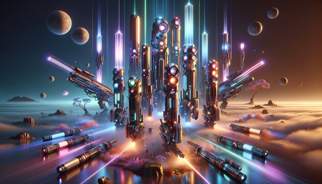 Surreal Laser Arsenal: Futuristic Weapons in an Ethereal Landscape