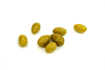Green olives isolated on a white background. Top view.