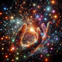 Abstract futuristic network concept: A glowing hand reaches toward a central node in a complex web of interconnected lines and dots. Futuristic technology, artificial intelligence