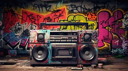 Boombox radio cassette tape recorder and graffiti wall art