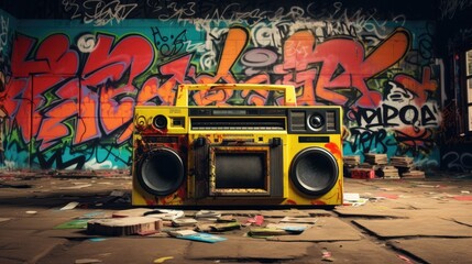 Fototapeta premium Boombox radio cassette tape recorder and graffiti wall art