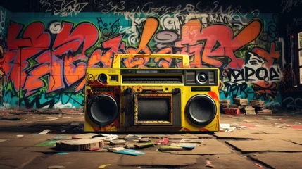 Poster Boombox radio cassette tape recorder and graffiti wall art © Lubos Chlubny
