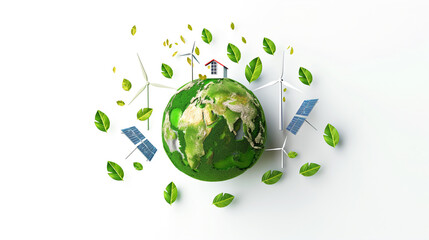 A 3D rendering of a green Earth with symbols of renewable energy, including wind turbines and solar panels, surrounding an eco-friendly house