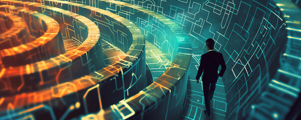 A businessman stands before a complex digital maze, representing strategic challenges and problem solving in a high-tech world - obrazy, fototapety, plakaty