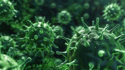 Focused view on green virus, surrounded by others viruses in the background, demonstrating expert perspective and precision