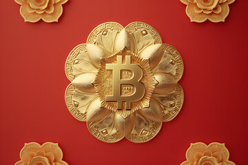 Bitcoin and flowers on red background. Cryptocurrency concept. Golden Bitcoin Amidst Blooming Flowers: A Symbol of Cryptocurrency's Growth and Prosperity on a Vibrant Red Background