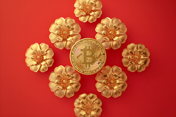 Bitcoin and flowers on red background. Cryptocurrency concept. Golden Bitcoin Amidst Blooming Flowers: A Symbol of Cryptocurrency's Growth and Prosperity on a Vibrant Red Background