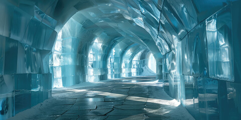 An architectural building made of ice outside on a sunny winter snowy day. Castle created from ice blocks.
