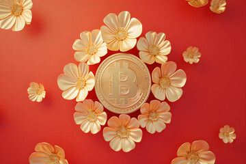 Bitcoin and flowers on red background. Cryptocurrency concept. Golden Bitcoin Amidst Blooming Flowers: A Symbol of Cryptocurrency's Growth and Prosperity on a Vibrant Red Background