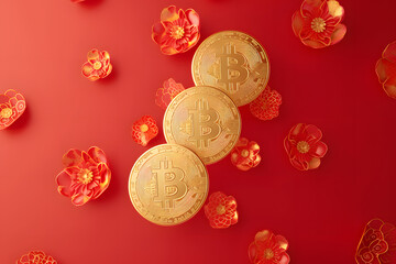 Bitcoin and flowers on red background. Cryptocurrency concept. Golden Bitcoin Amidst Blooming Flowers: A Symbol of Cryptocurrency's Growth and Prosperity on a Vibrant Red Background