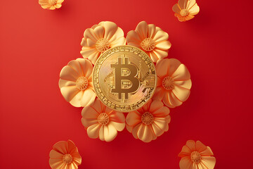 Bitcoin and flowers on red background. Cryptocurrency concept. Golden Bitcoin Amidst Blooming Flowers: A Symbol of Cryptocurrency's Growth and Prosperity on a Vibrant Red Background