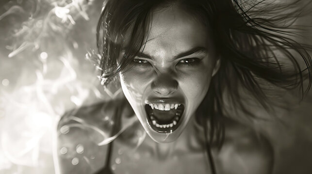 expressive model in aggressive vampier style, vamieres party, open mouth, glowing eyes, monochrome, sepia, backlight, generative ai