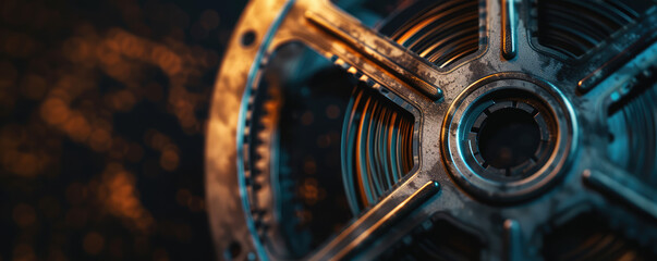 Cinematic Nostalgia background. Close-up of vintage old film reel, evoking the classic era of cinema, copy space.