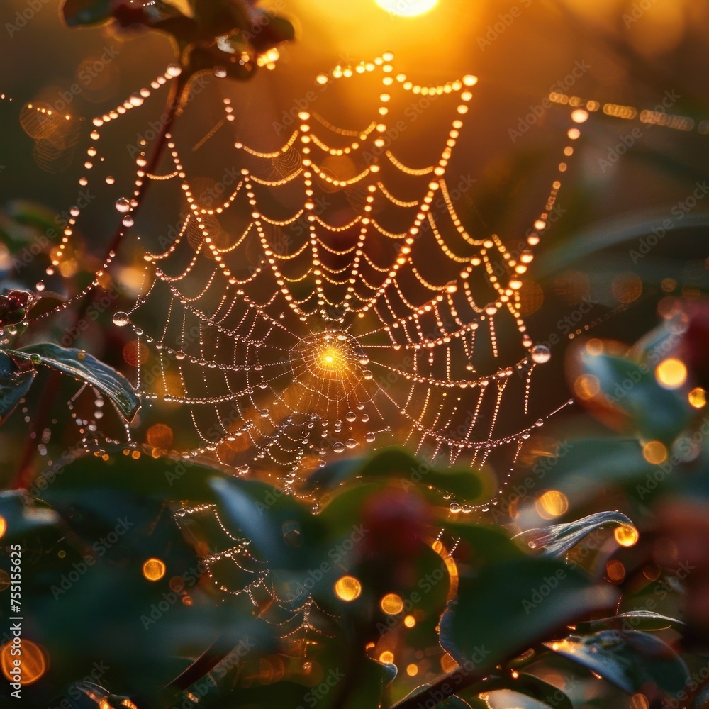 Poster a detailed view of a spider web with the radiant sun shining in the background, highlighting the int