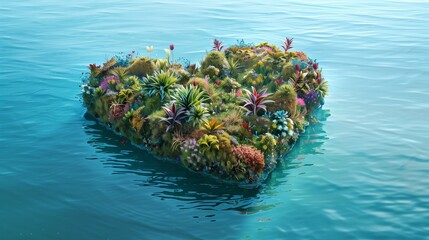 A hyper-realistic image of a heart-shaped island in the middle of a serene blue ocean, with the island covered in a variety of plants and flowers.