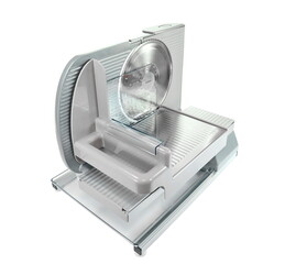 Ktchen food slicing machine isolated on white. Meat slicer for layered pieces of ham. Kitchen equipment: ham slicer isolated.