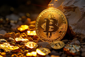 Golden Bitcoin: The Luminary of Cryptocurrency Amidst a Treasure Trove of Shimmering Coins,Golden bitcoin on stone background. Cryptocurrency concept. Digital money.