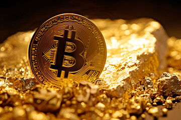 Golden Bitcoin: The Luminary of Cryptocurrency Amidst a Treasure Trove of Shimmering Coins,Golden bitcoin on stone background. Cryptocurrency concept. Digital money.
