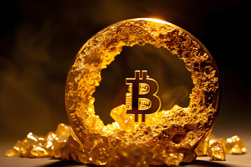 Golden Bitcoin: The Luminary of Cryptocurrency Amidst a Treasure Trove of Shimmering Coins,Golden bitcoin on stone background. Cryptocurrency concept. Digital money.