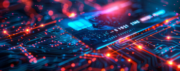 Obraz premium The intricate glowing circuitry on an advanced technology board illustrates the complex beauty of modern electronic design.