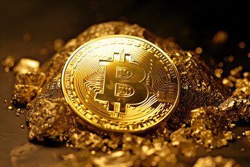 Golden Bitcoin: The Luminary of Cryptocurrency Amidst a Treasure Trove of Shimmering Coins,Golden bitcoin on stone background. Cryptocurrency concept. Digital money.