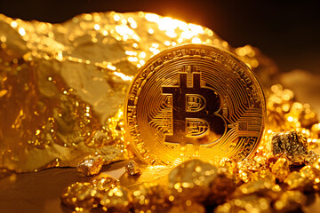 Golden Bitcoin: The Luminary of Cryptocurrency Amidst a Treasure Trove of Shimmering Coins,Golden bitcoin on stone background. Cryptocurrency concept. Digital money.