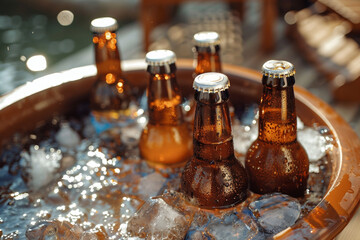 A refreshing assortment of beer bottles on ice, ready for summer picnic. - obrazy, fototapety, plakaty