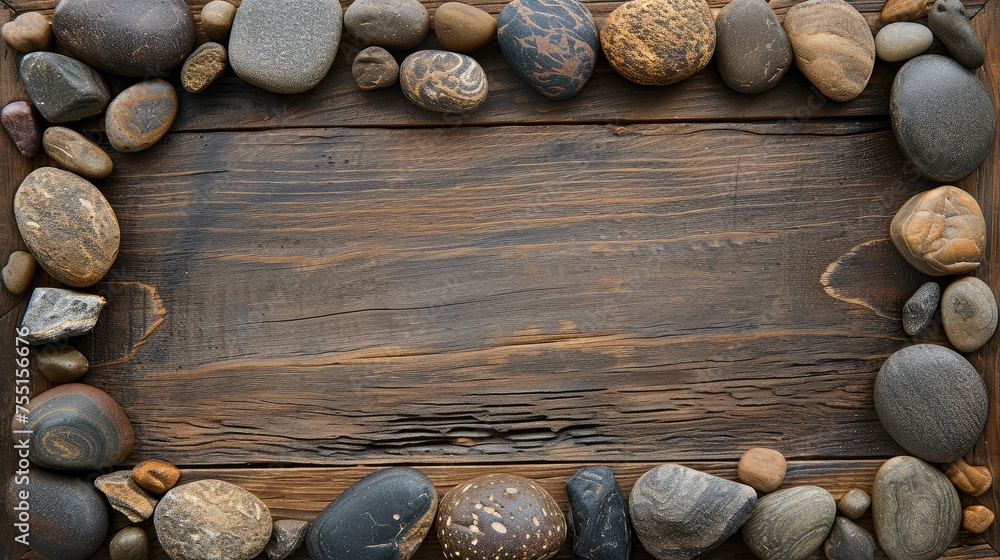 Poster frame made of stones with a background of wood. ai generative.