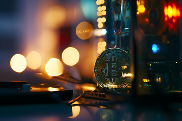 Golden Bitcoin Amidst Circuitry: A Glimpse into Digital Currency,Illuminated Bitcoin Amidst Intricate Computer Hardware Components
