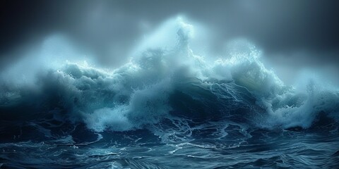 Dramatic and powerful waves crash against a stormy ocean backdrop, depicting the force of nature.