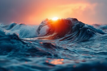 A powerful ocean wave reflects the strength and motion under a vibrant sunset. - obrazy, fototapety, plakaty
