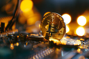 Golden Bitcoin Amidst Circuitry: A Glimpse into Digital Currency,Illuminated Bitcoin Amidst Intricate Computer Hardware Components